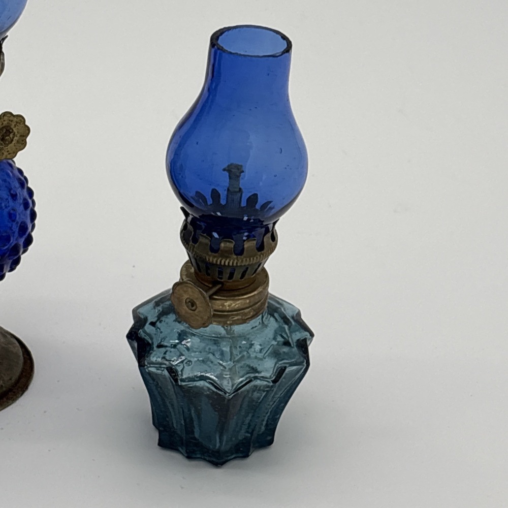 Vintage Miniature Colored Glass Oil Lamps Set Cobalt Hobnail Green Blue Lot of 3 - Picture 2 of 11